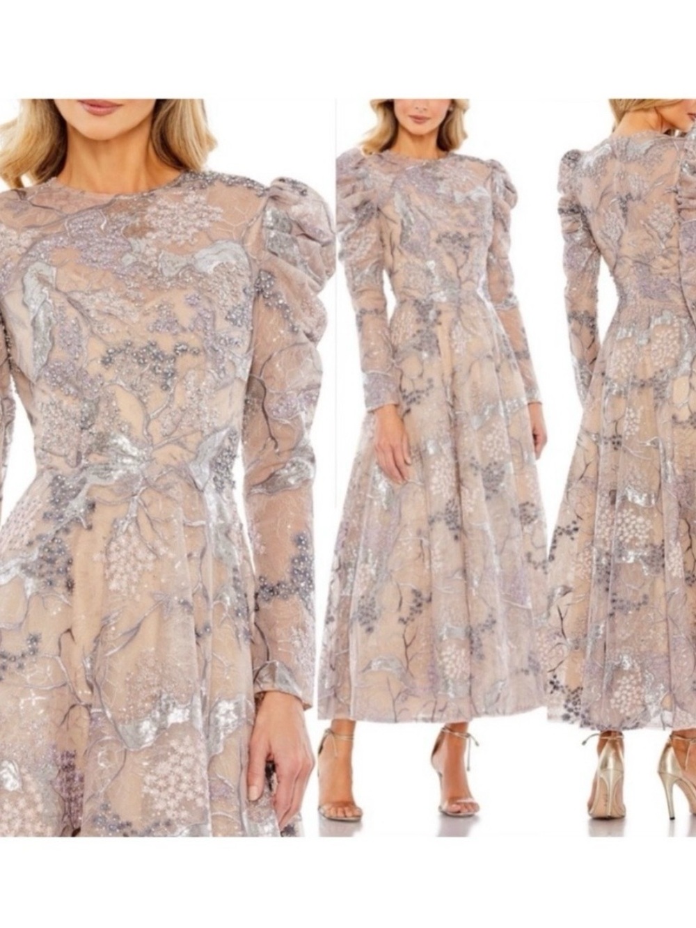 NWT Mac Duggal Beige/Taupe Embellished 20326 Puff Sleeve A-Line Dress 8